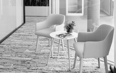 Modern seating area with two armchairs, round table with plant, magazines, and ledger. Well-lit with natural light, textured carpet.