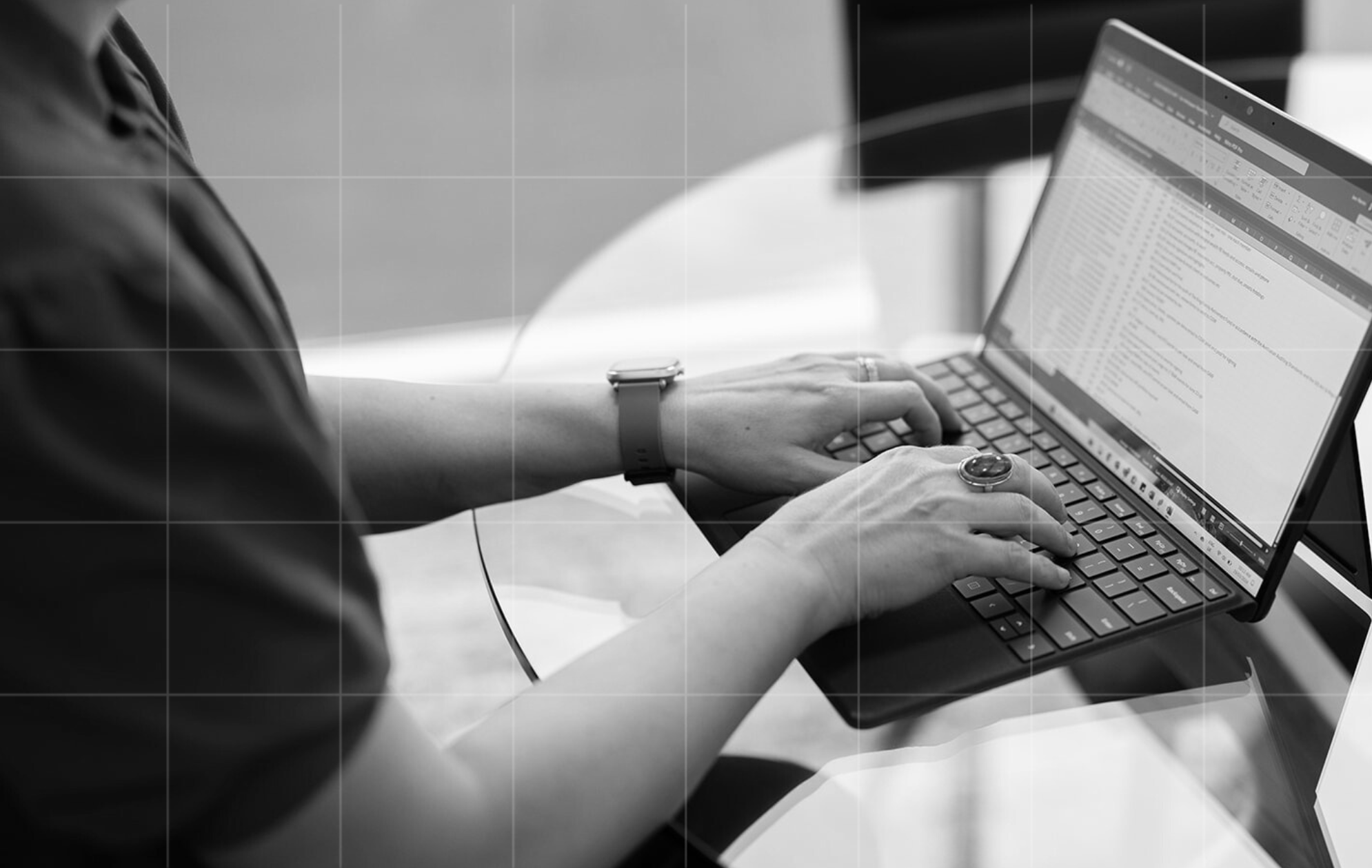 Business advisory professional typing on a laptop in a modern office.